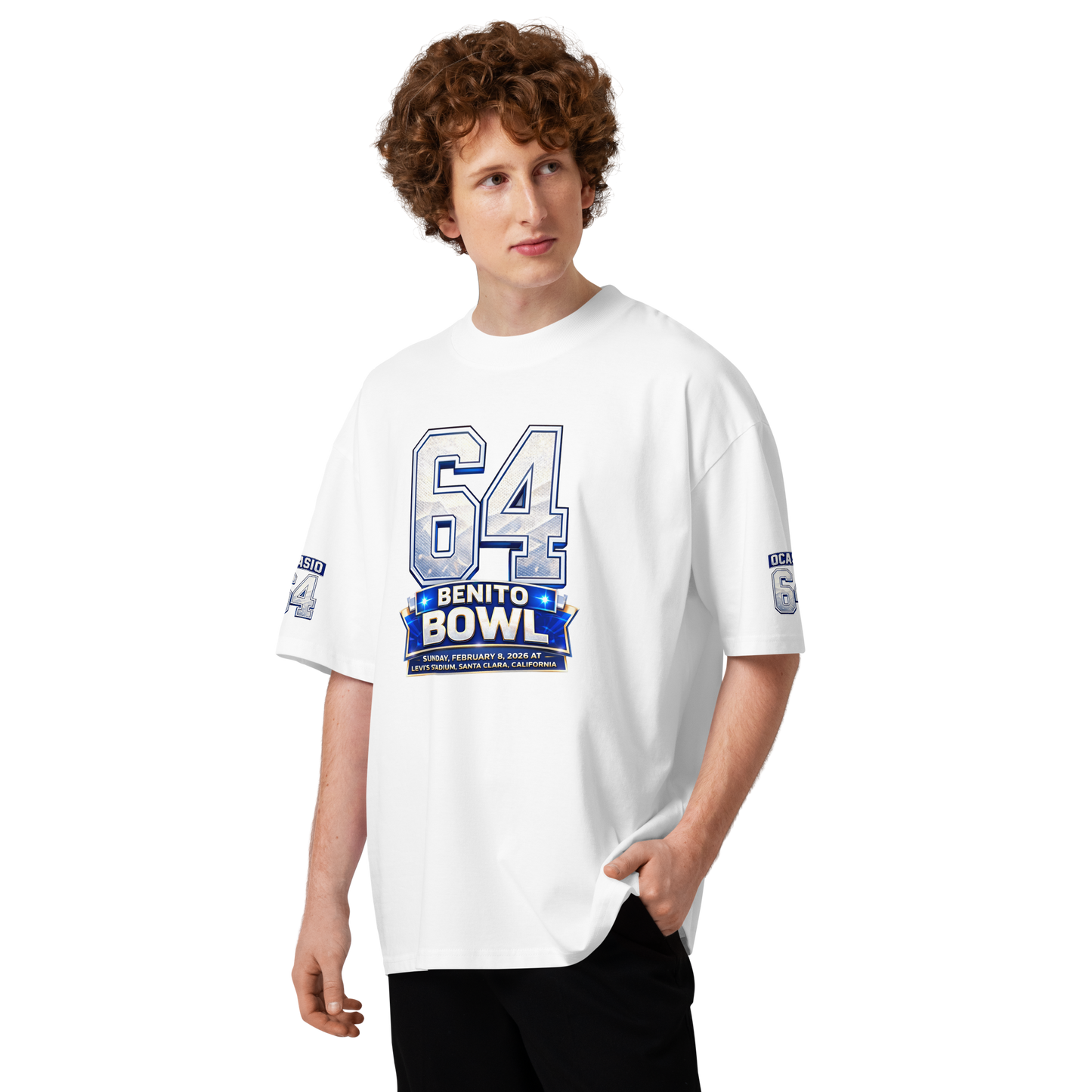 Camiseta blanca Benito Bowl 2026 frontal diseño gráfico 64 Levi's Stadium - camiseta BAD BUNNY