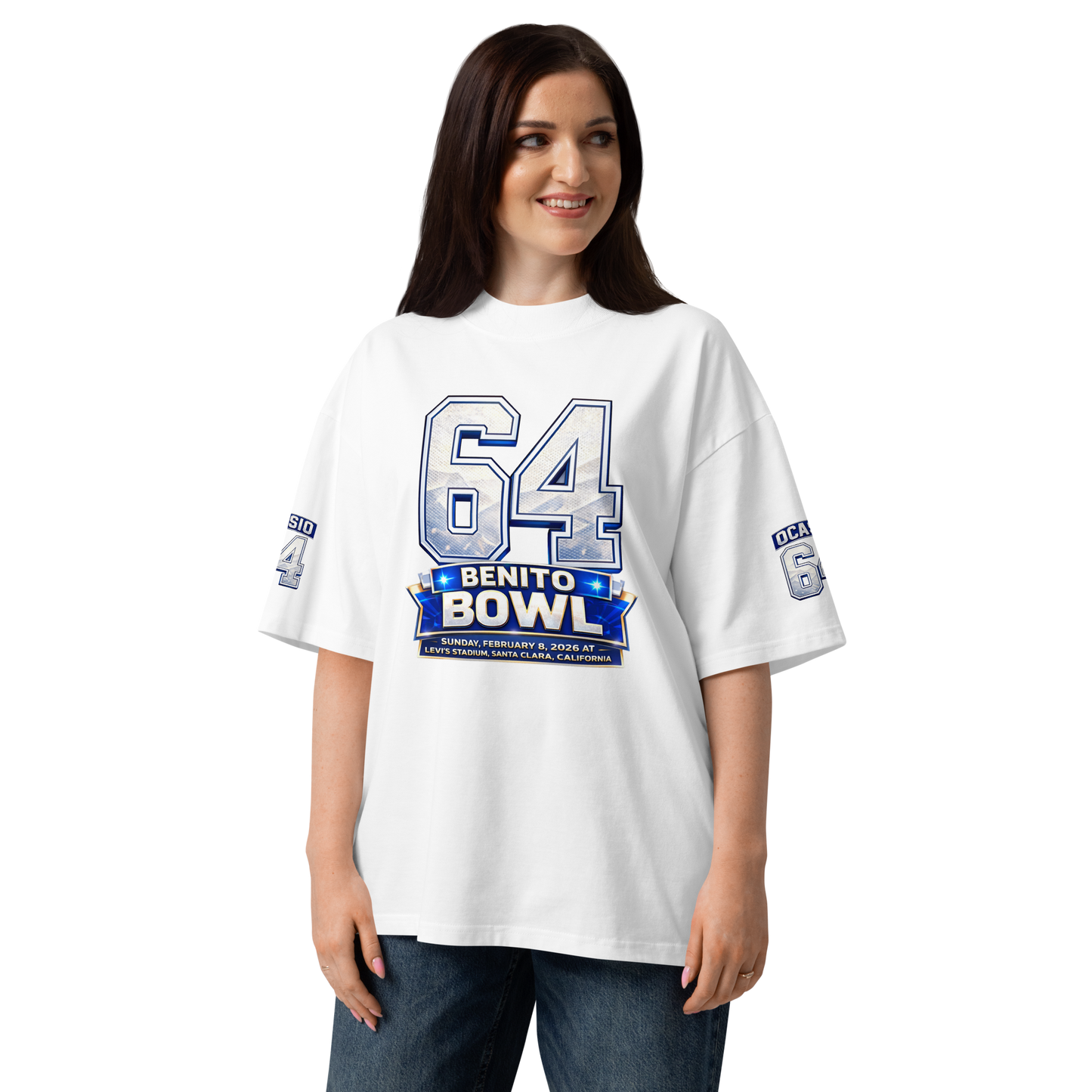 Camiseta blanca Benito Bowl 2026 frontal diseño gráfico 64 Levi's Stadium - camiseta BAD BUNNY