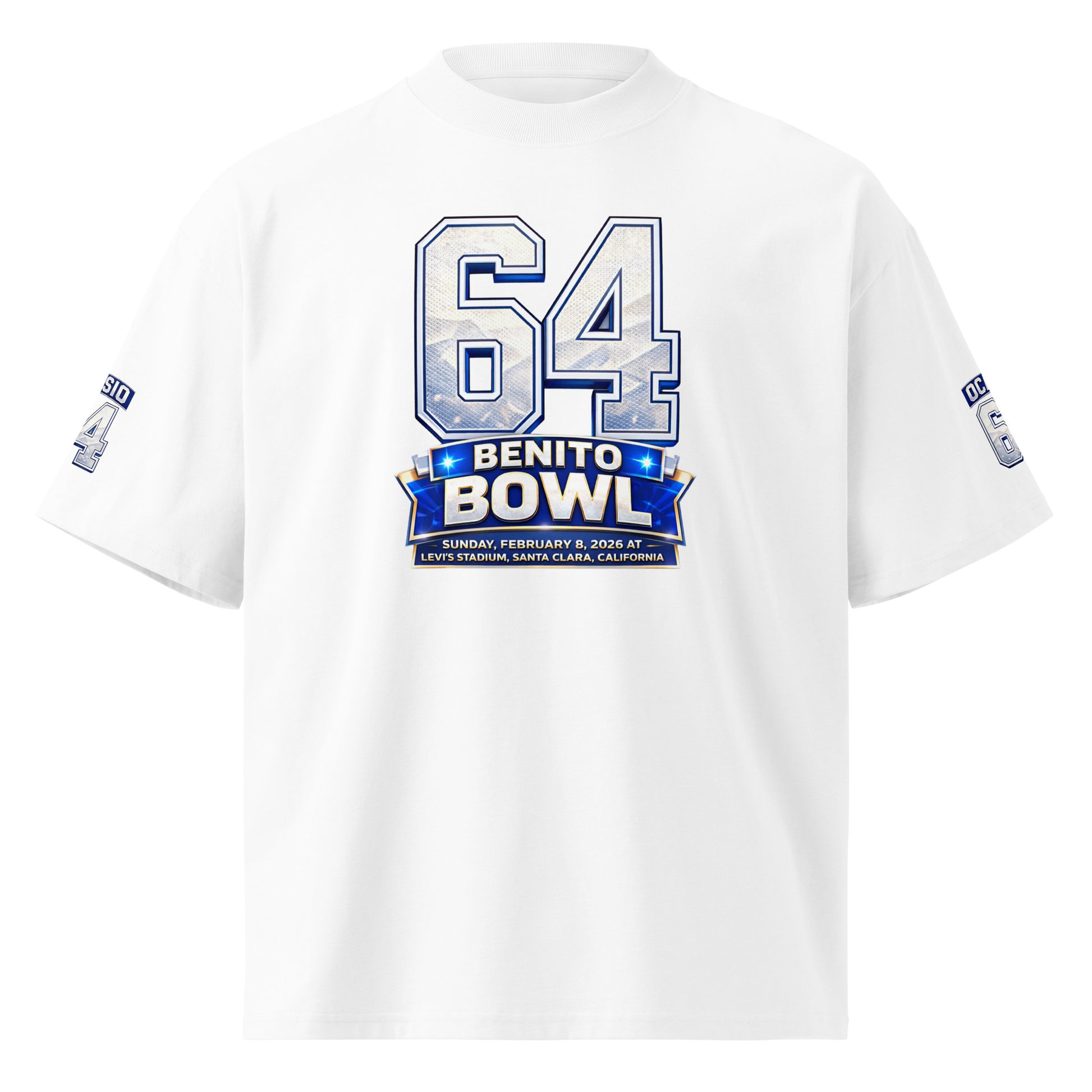 Camiseta blanca Benito Bowl 2026 frontal diseño gráfico 64 Levi's Stadium - camiseta BAD BUNNY