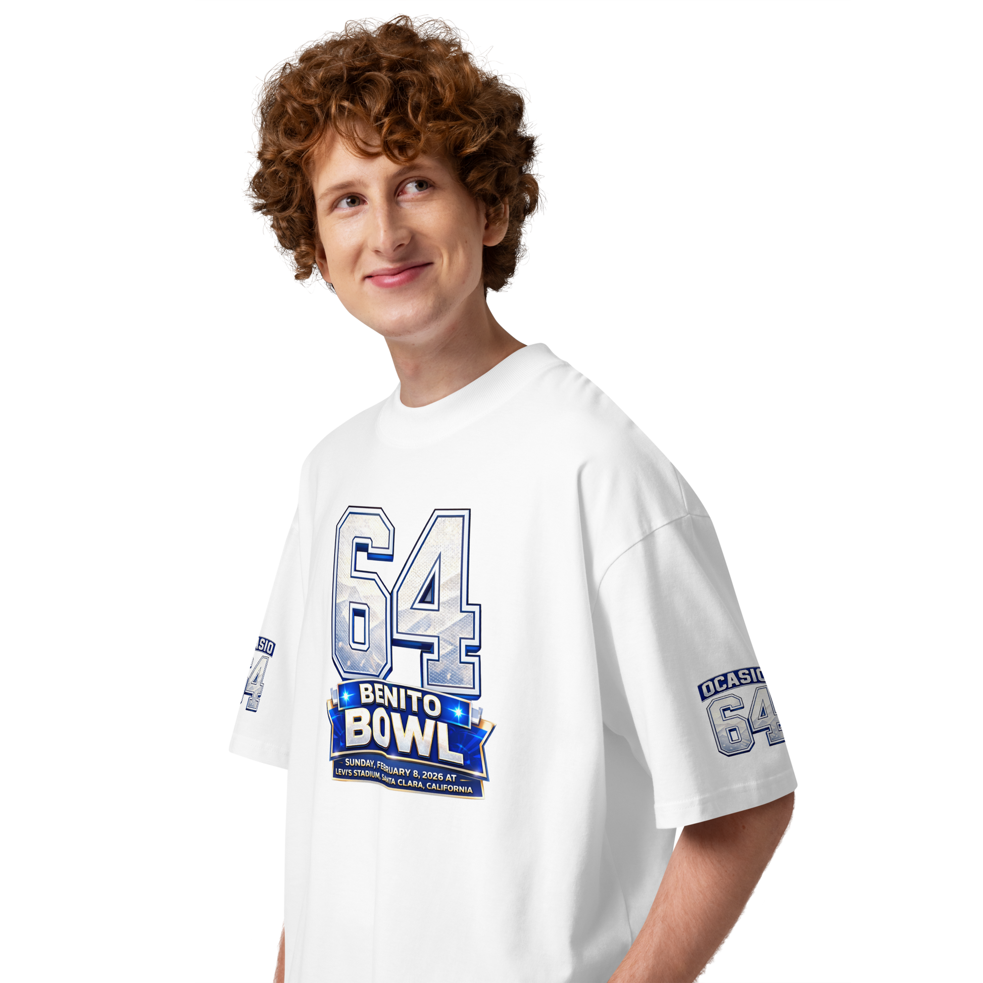 Camiseta blanca Benito Bowl 2026 frontal diseño gráfico 64 Levi's Stadium - camiseta BAD BUNNY