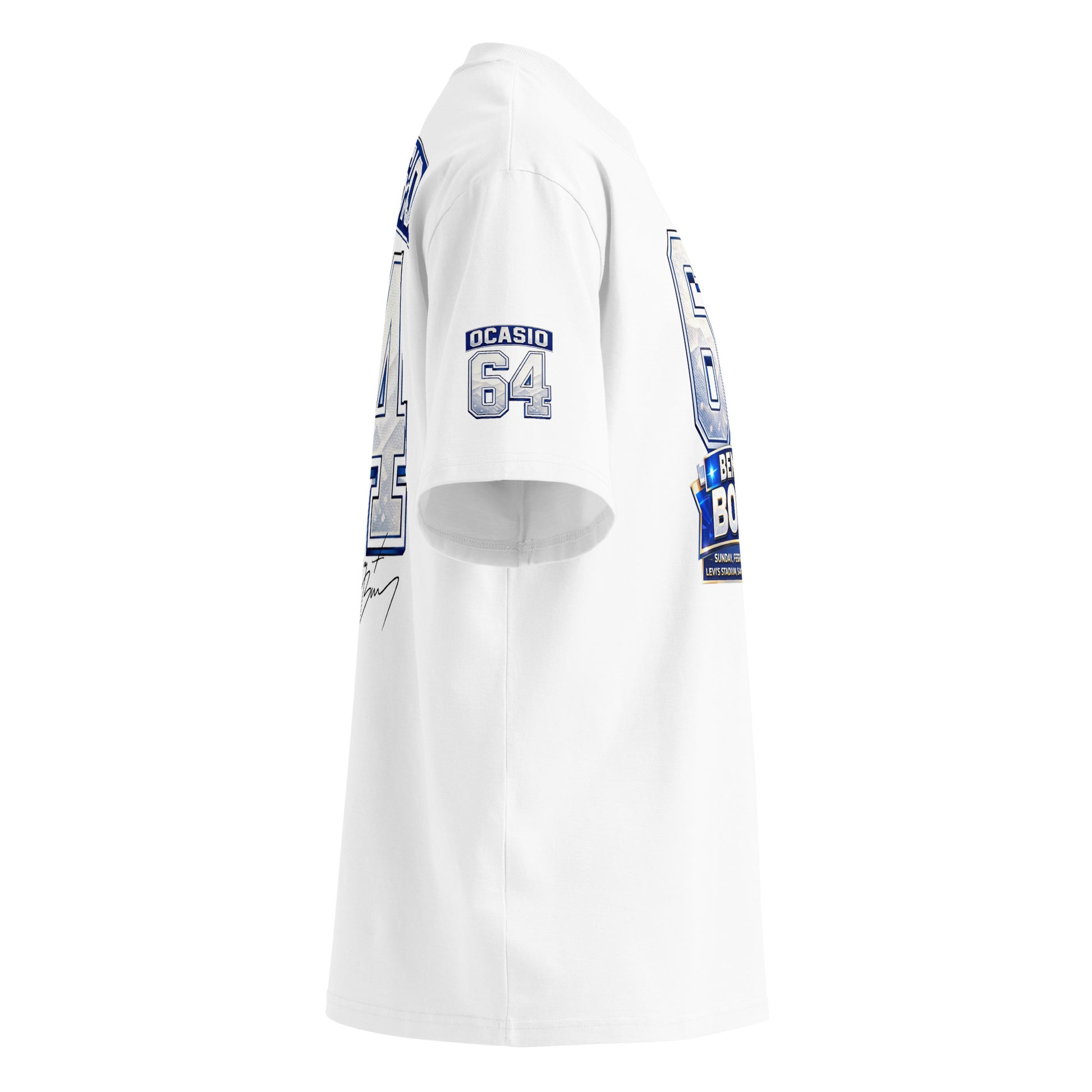 Fit oversize camiseta blanca Ocasio 64 estilo streetwear Bad Bunny. CAMISETA SUPER BOWL 2026