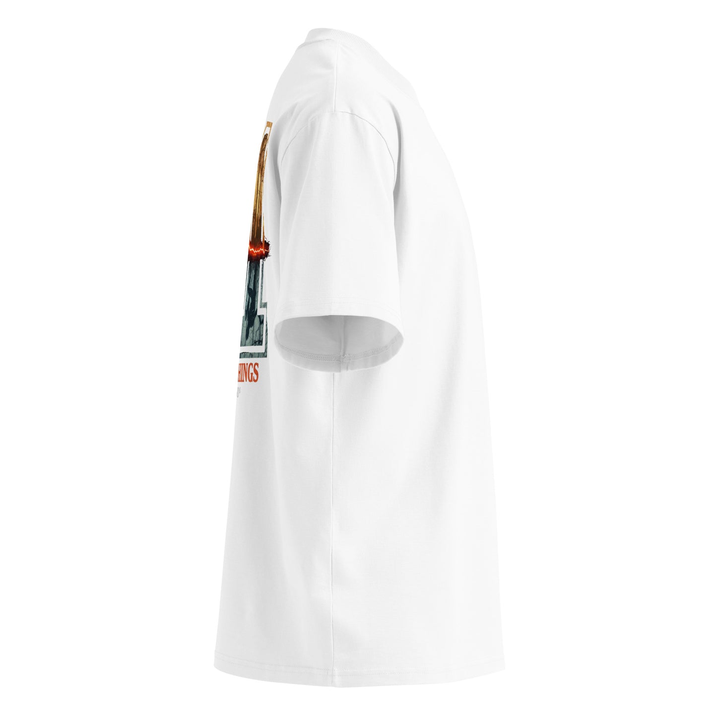 Camiseta negra blanca hombre mujer oversize 011 Once Eleven estilo streetwear de lujo PEGHASO. Detalle del corte de hombro caído en la camiseta 011 premium Stranger things