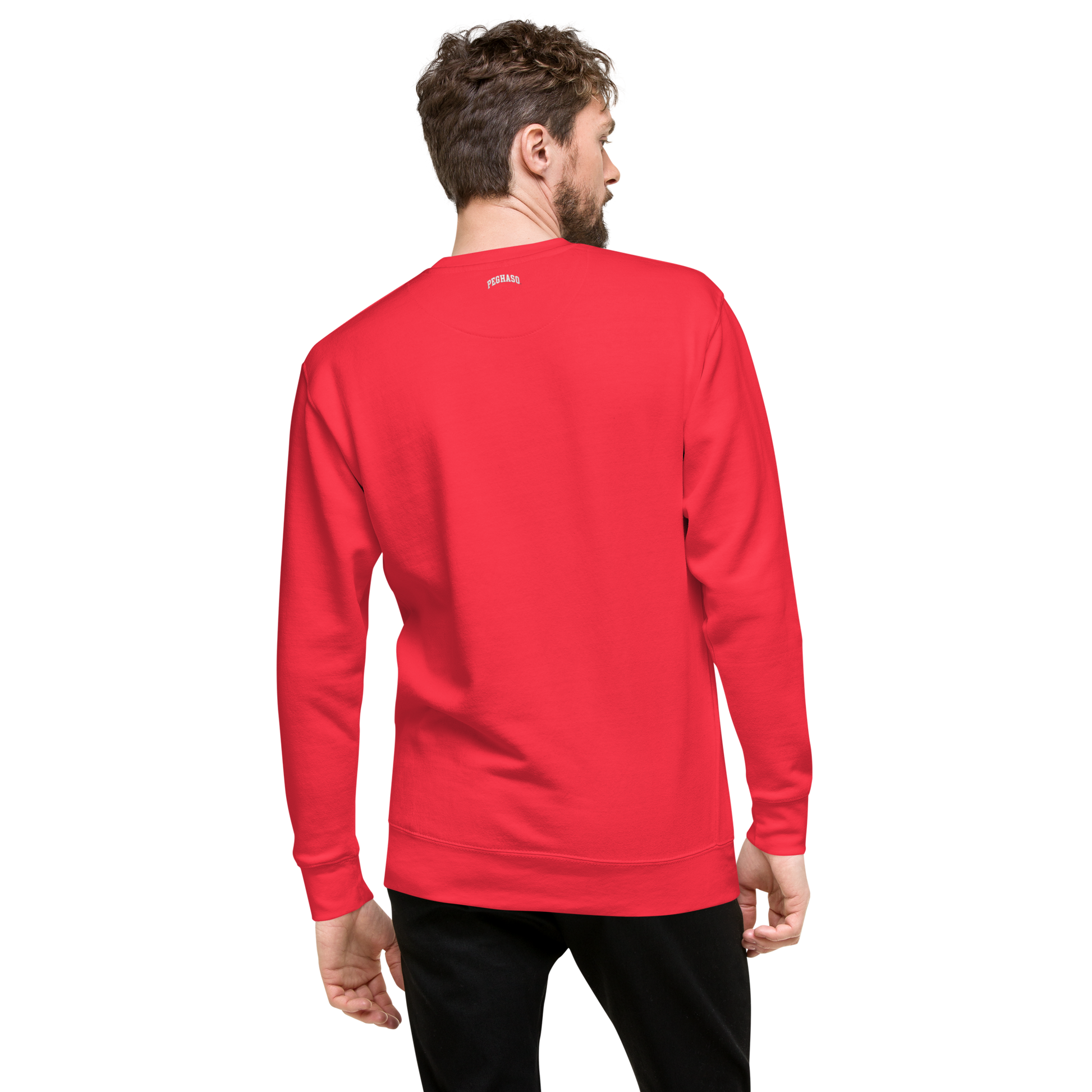 Parte trasera de sudadera premium PEGHASO PGHS color rojo, detalle logo PEGHASO en la nuca.