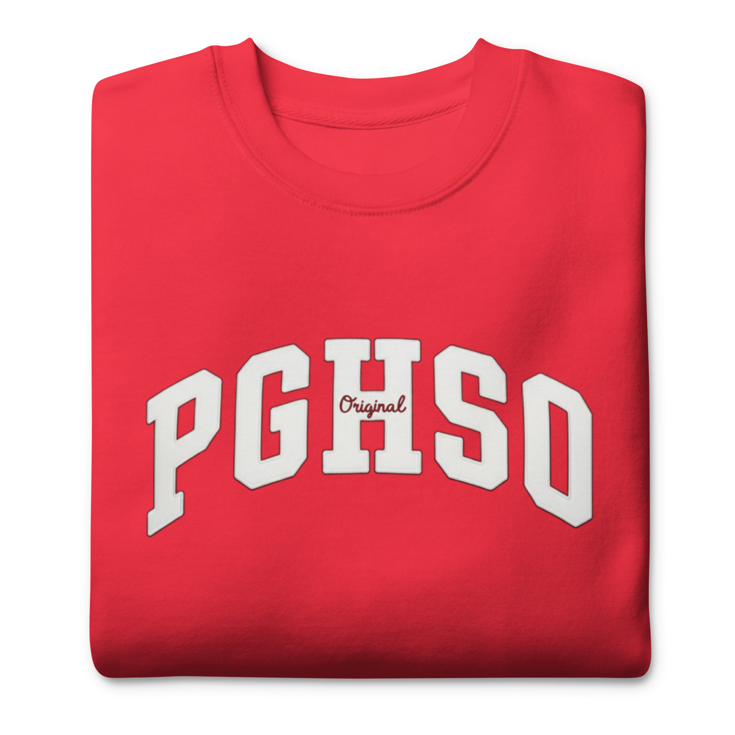 Sudadera premium PEGHASO PGHS en color rojo intenso, vista frontal con logo PGHSO en blanco.