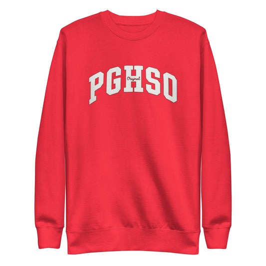 Sudadera premium PEGHASO PGHS en color rojo intenso, vista frontal con logo PGHSO en blanco.