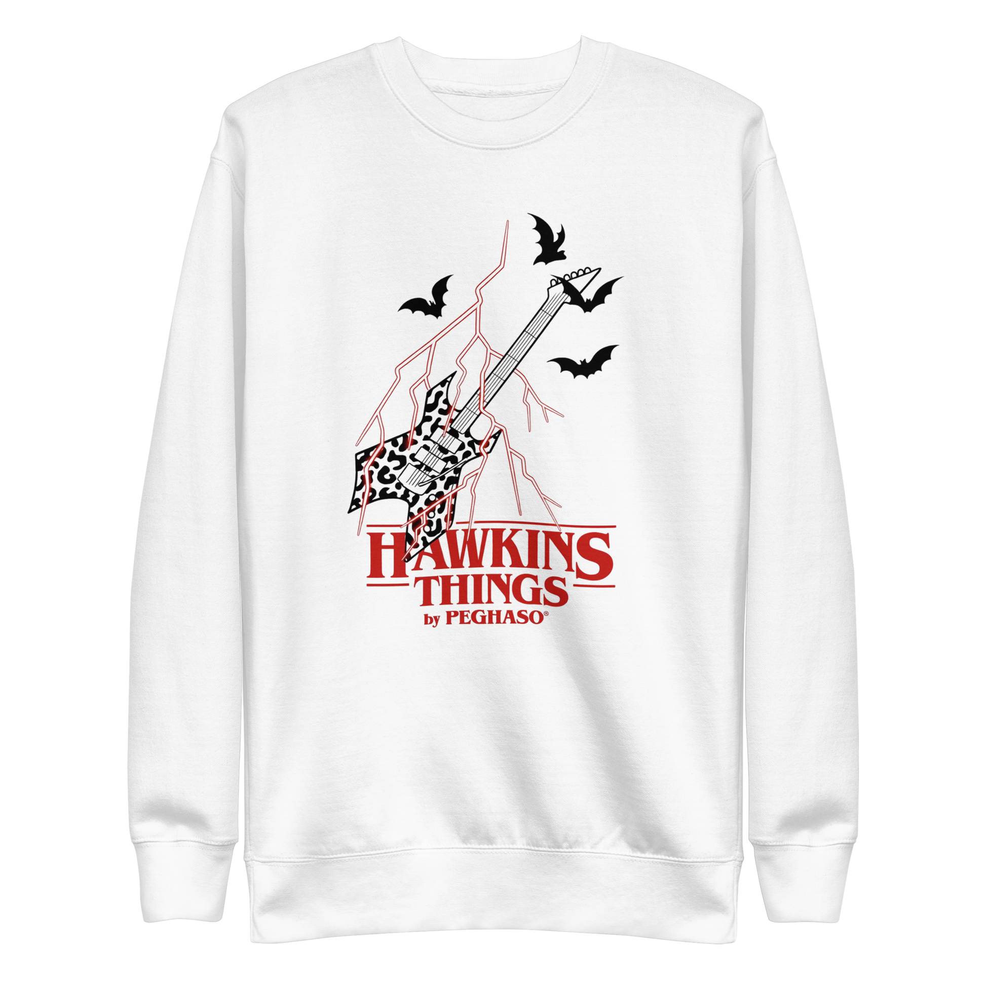 Sudadera blanca con diseño de guitarra de Eddie Munson y rayos, colección Hawkins Things de PEGHASO. Sudadera Eddie Munson de Stranger things