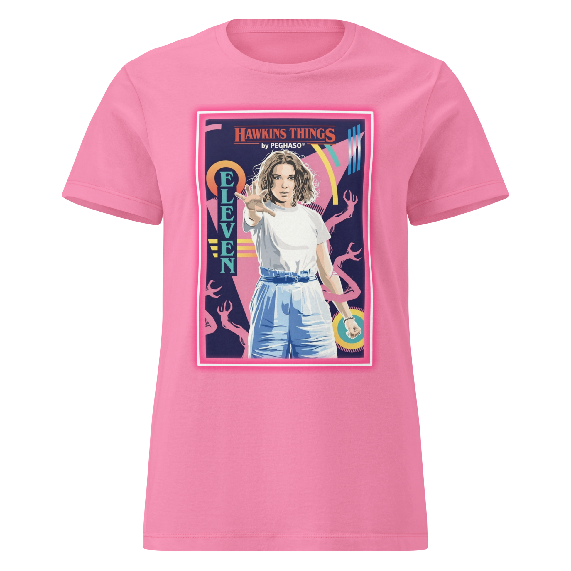 Camiseta ROSA 011 Eleven Starcourt Mall de la colección Hawkins Things PEGHASO. Ropa STRANGER THINGS