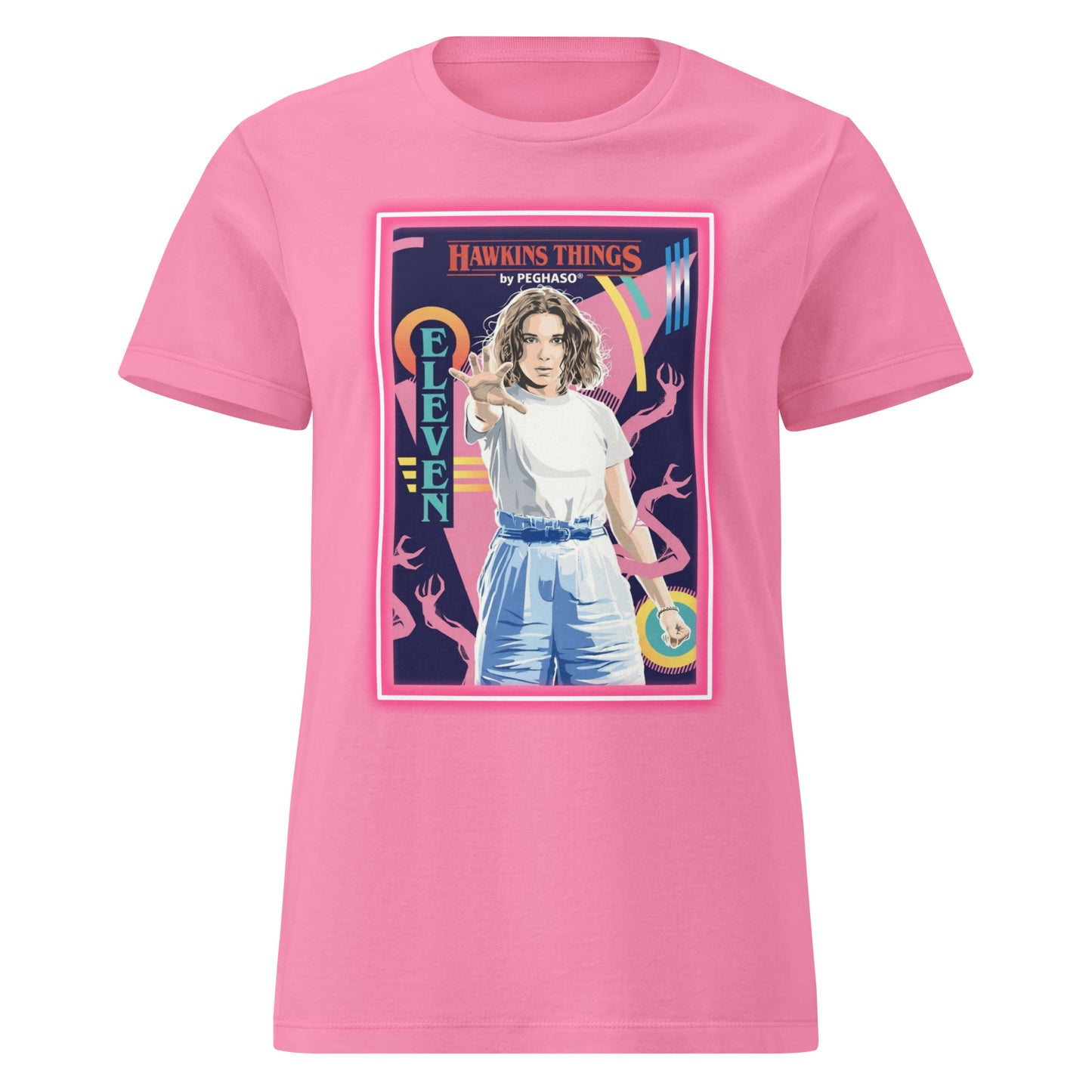 Camiseta ROSA Eleven Starcourt Mall de la colección Hawkins Things PEGHASO. Ropa STRANGER THINGS