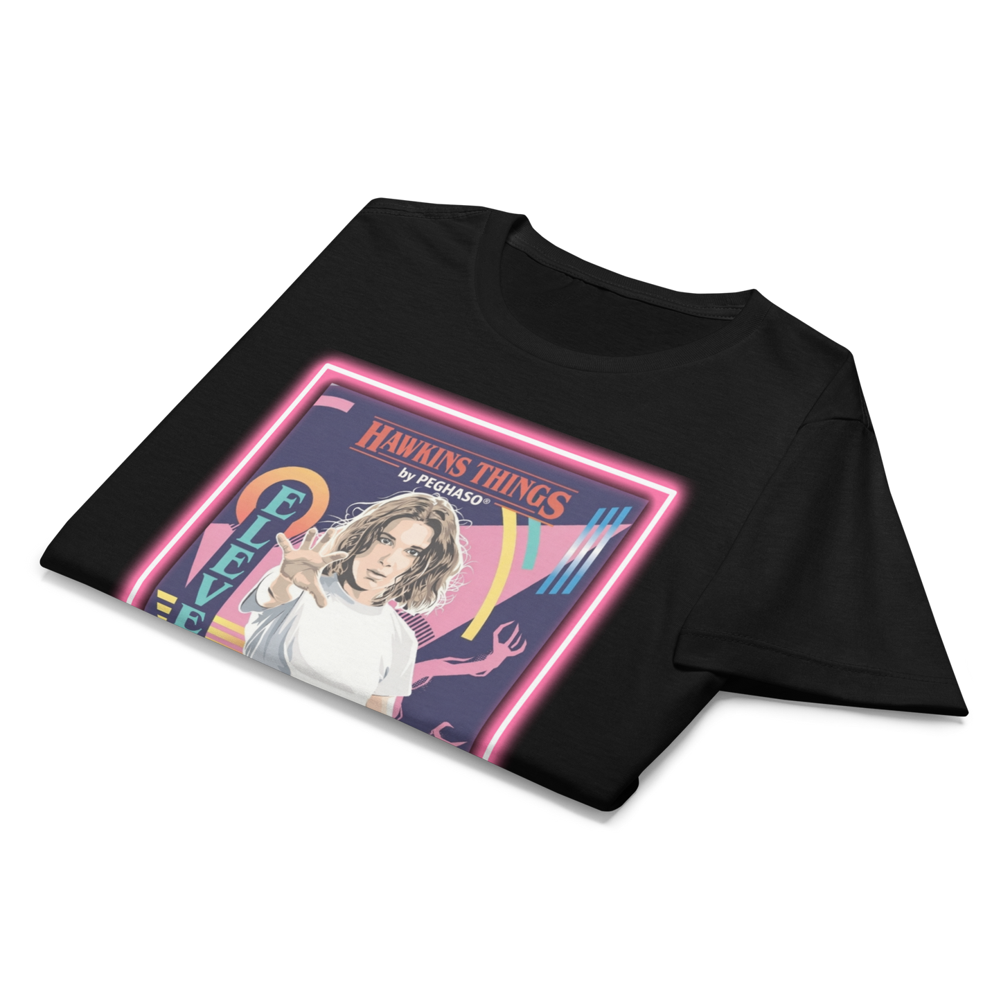 Camiseta Algodon negra 011 - Eleven - ONCE Starcourt Mall de la colección Hawkins Things PEGHASO. Ropa STRANGER THINGS