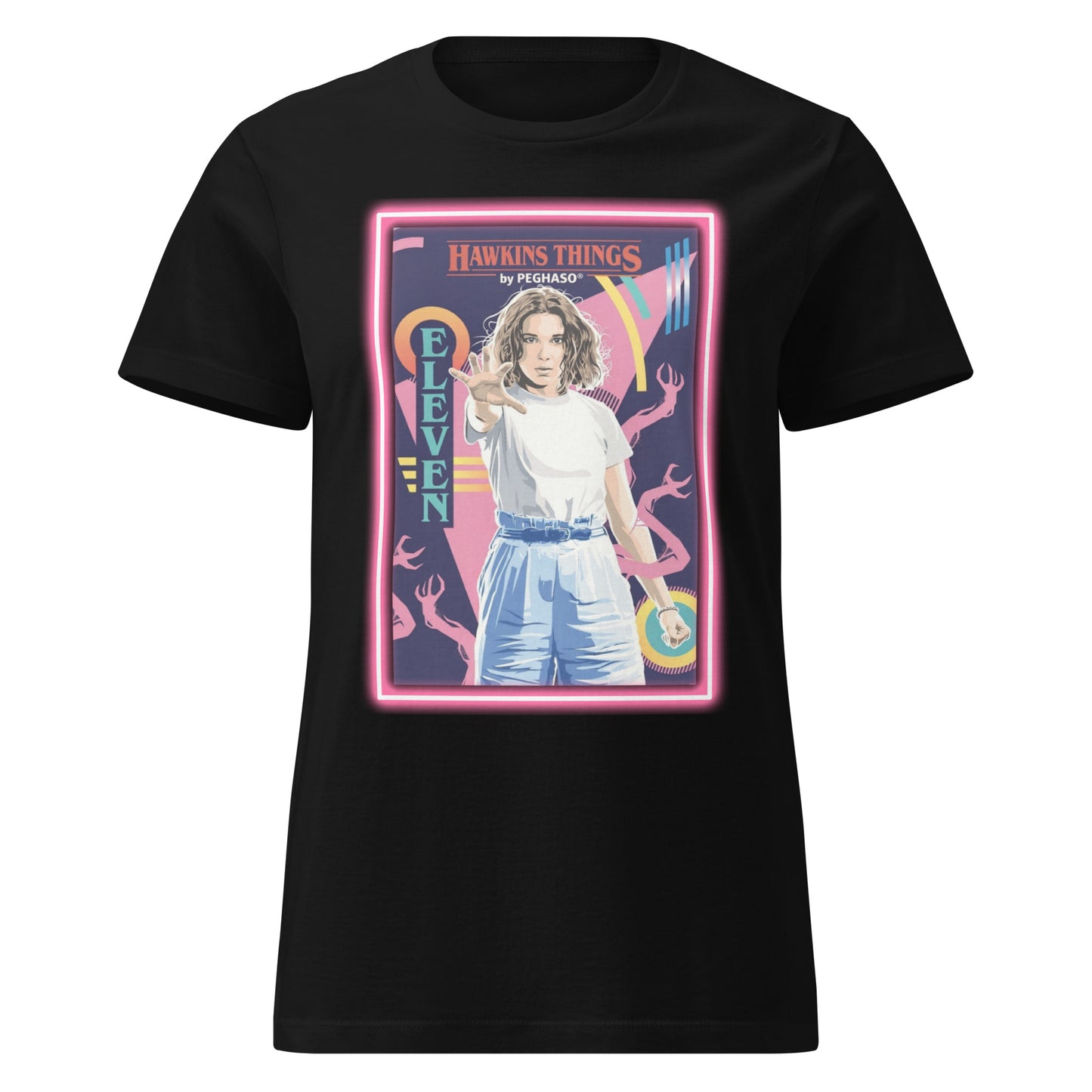 Camiseta Algodon negra 011 - Eleven - ONCE Starcourt Mall de la colección Hawkins Things PEGHASO. Ropa STRANGER THINGS