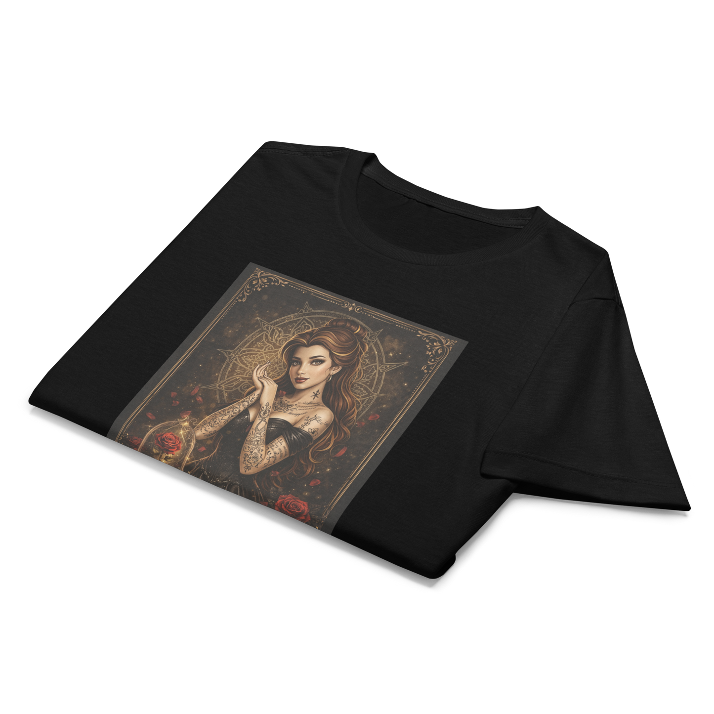 Camiseta de la princesa Bella de Disney con tatuajes y rosa encantada, estilo alternativo Bad Girls Peghaso.