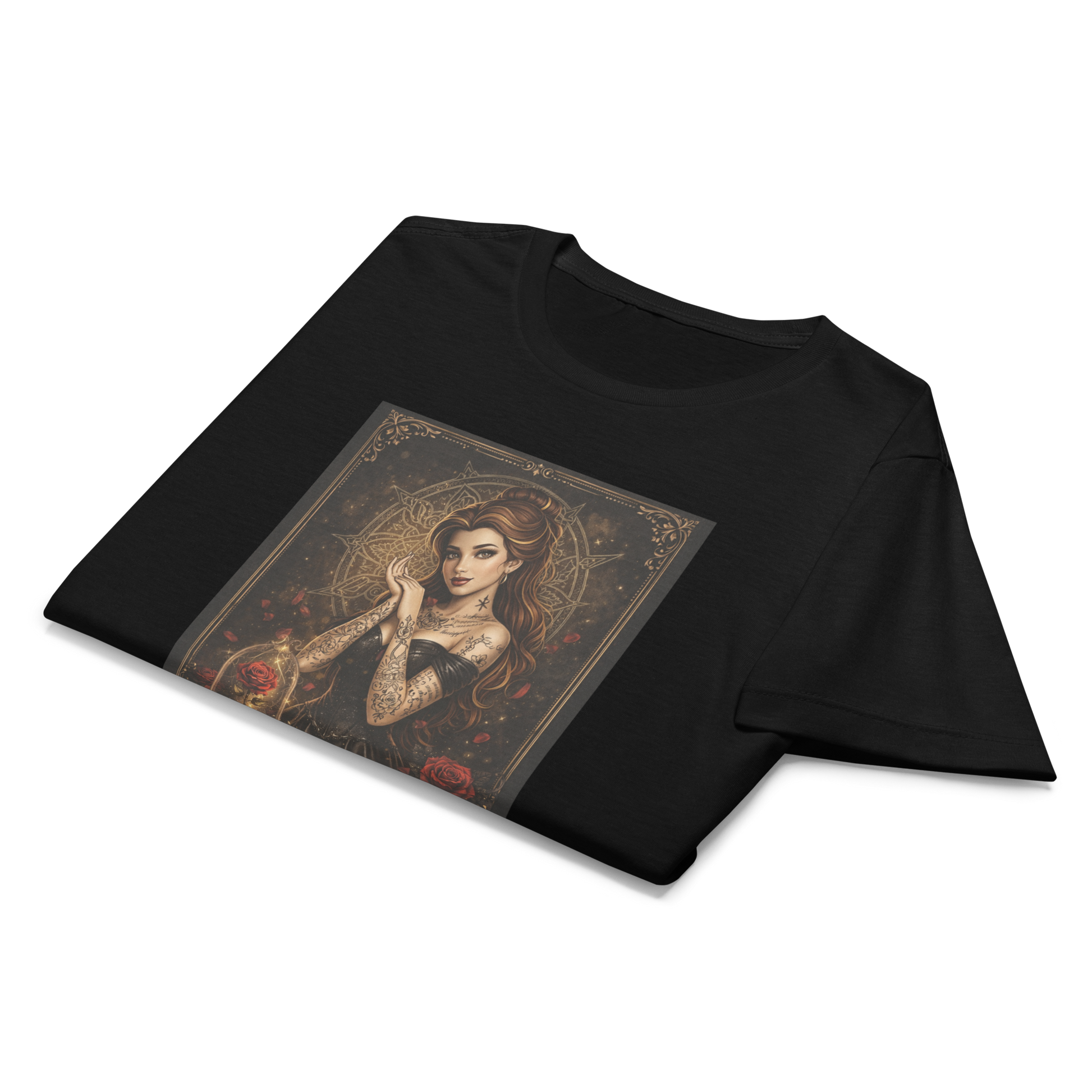 Camiseta de la princesa Bella de Disney con tatuajes y rosa encantada, estilo alternativo Bad Girls Peghaso.