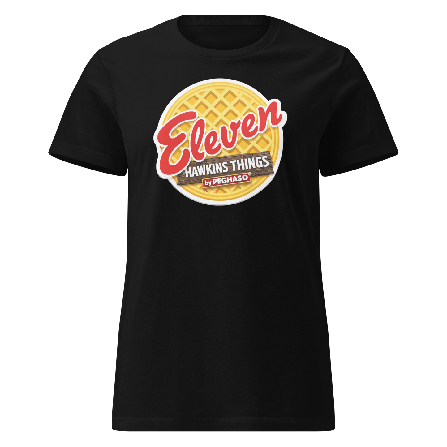 camiseta-eleven-waffle-EGGO-hawkins-Stranger-things-peghaso-negra