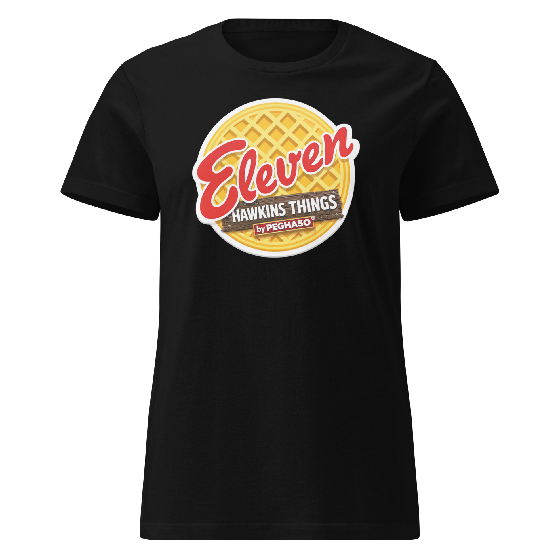 camiseta-eleven-waffle-EGGO-hawkins-Stranger-things-peghaso-negra