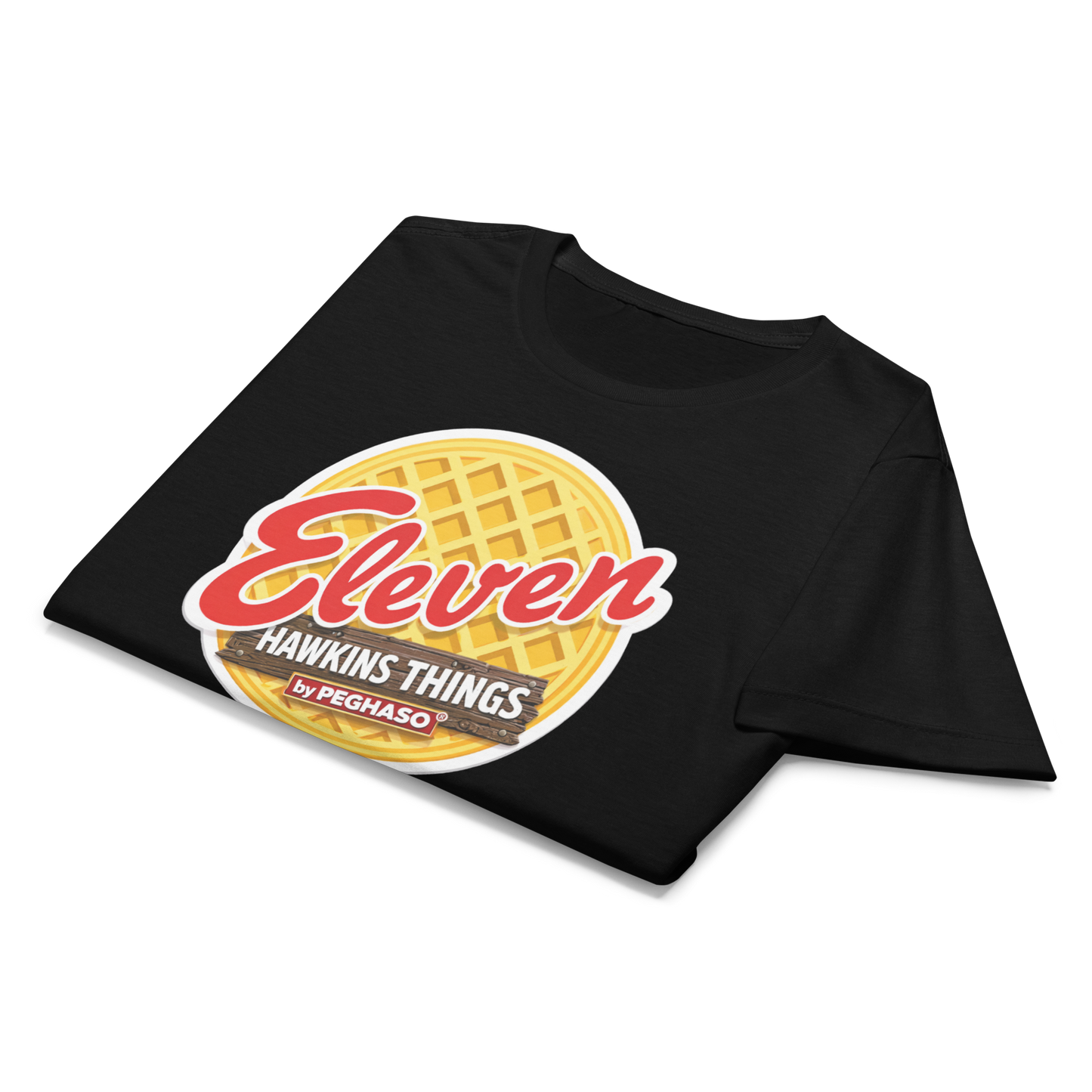 camiseta-eleven-waffle-EGGO-hawkins-Stranger-things-peghaso-negra