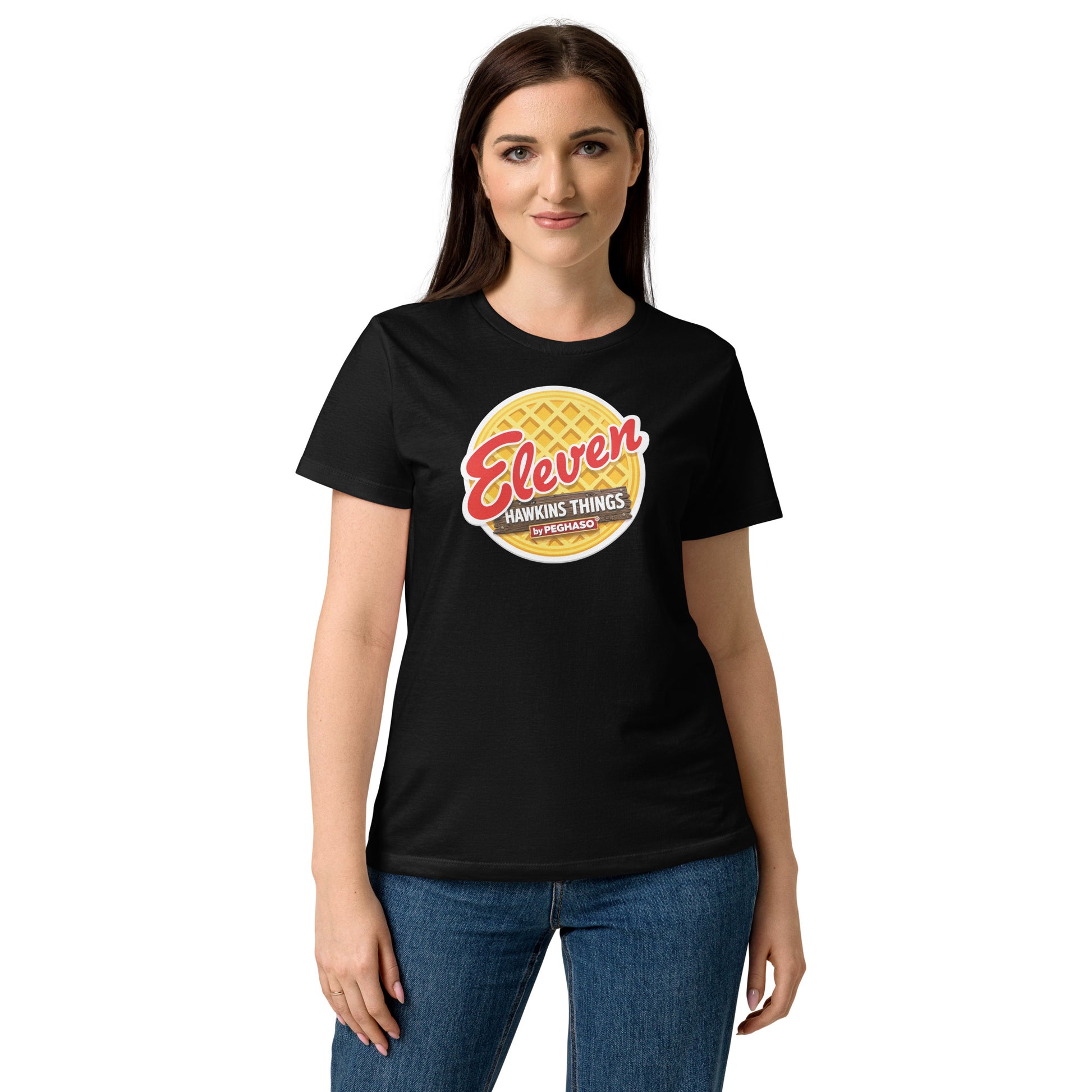 camiseta-eleven-waffle-EGGO-hawkins-Stranger-things-peghaso-negra