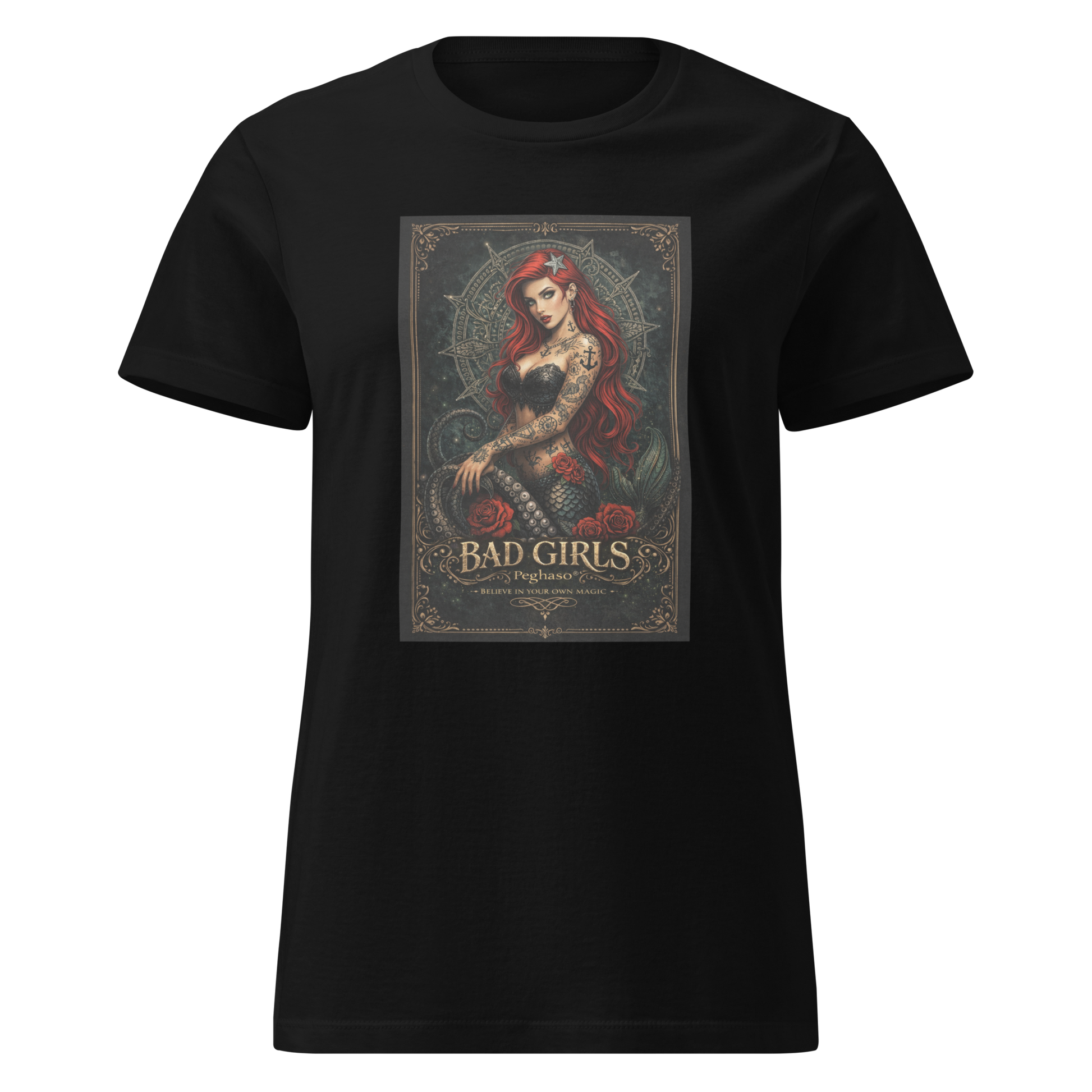 Ilustración neotradicional de sirena tatuada con rosas rojas colección Bad Girls Peghaso.