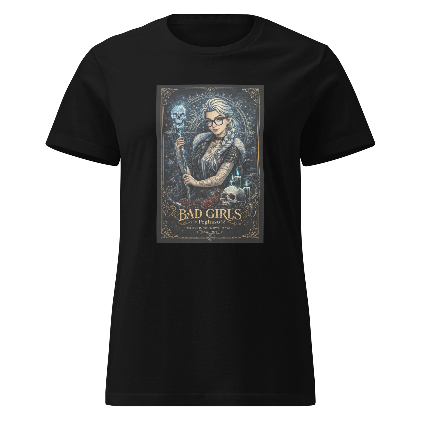 Camiseta FROZEN  DISENY. CAMISETA negra mujer princesa del hielo tatuada con gafas y cetro estilo rebelde colección Bad Girls Peghaso
