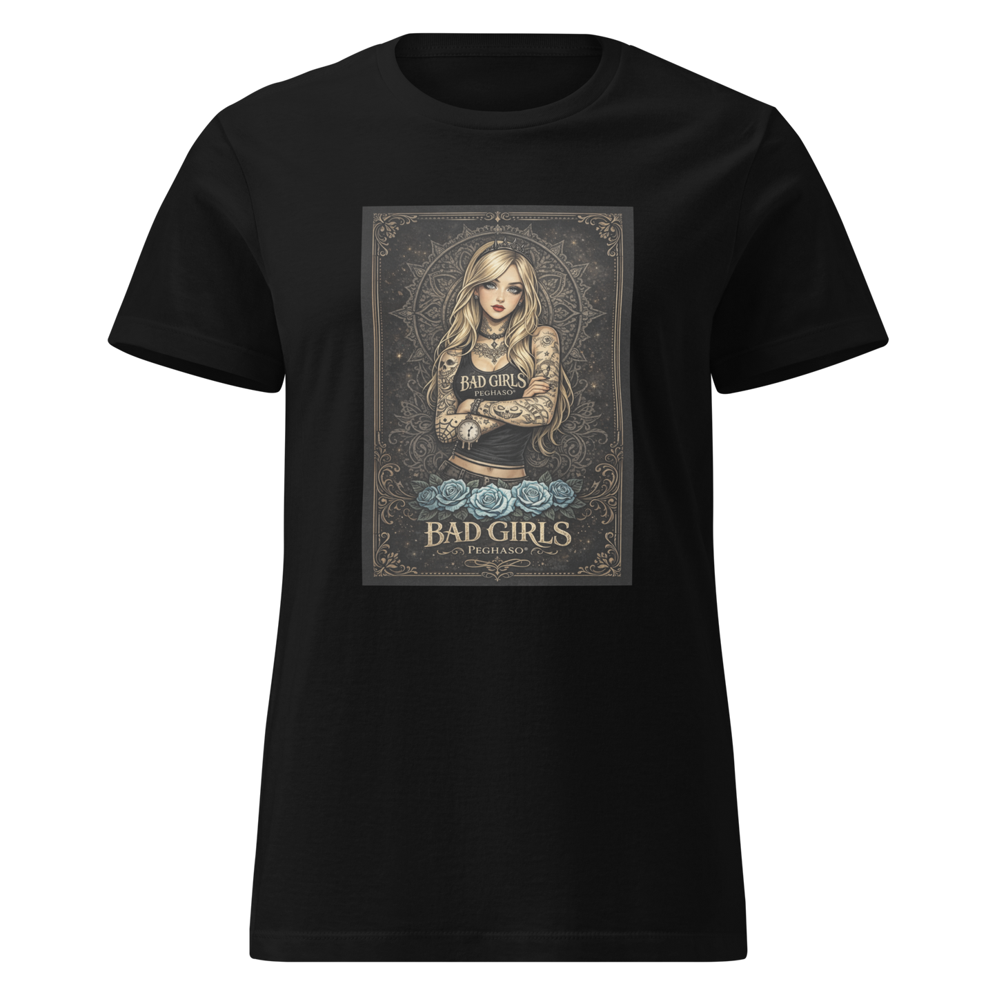Camiseta negra mujer Alicia en el país de las maravillas tatuada con rosas azules estilo rebelde colección Bad Girls Peghaso