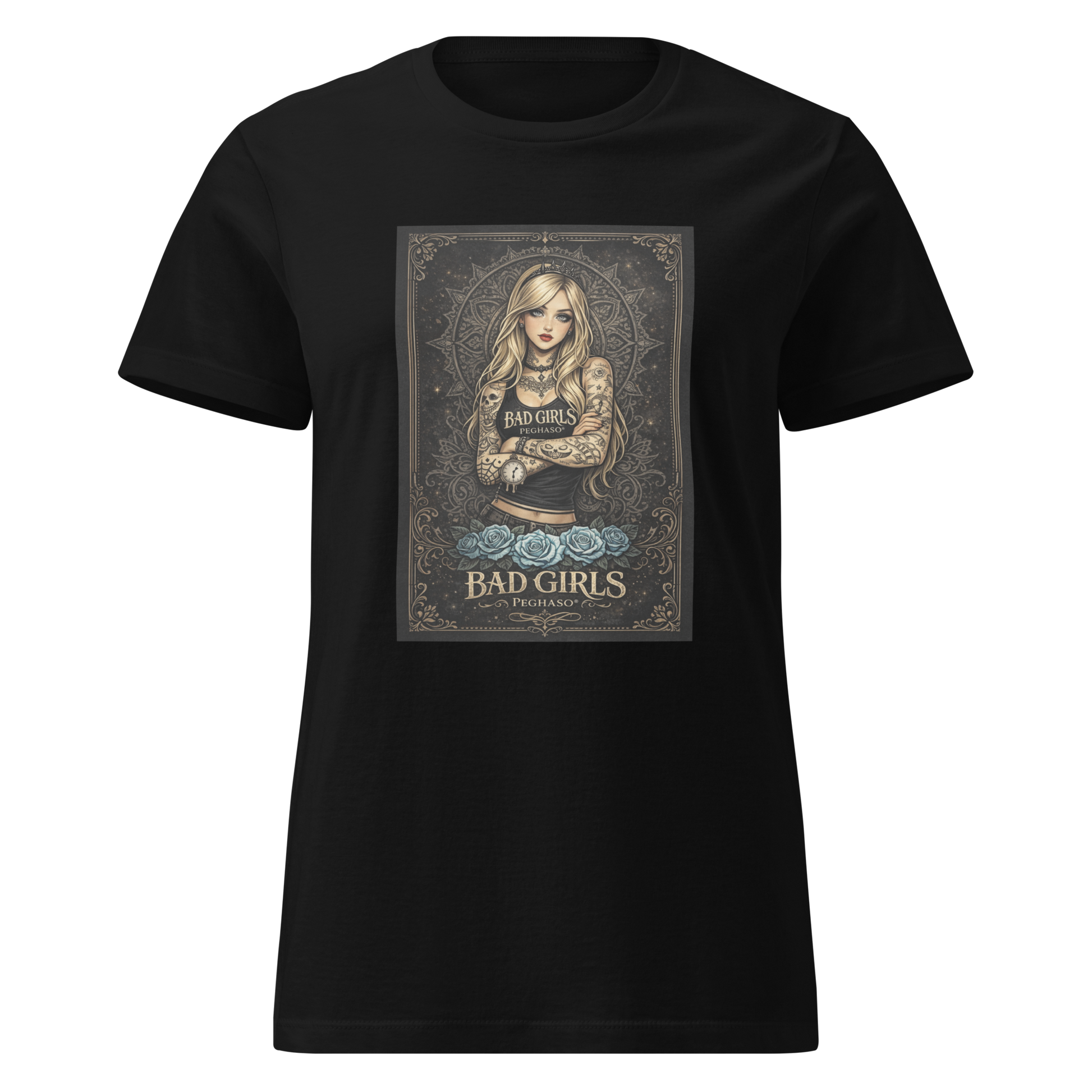 Camiseta negra mujer Alicia en el país de las maravillas tatuada con rosas azules estilo rebelde colección Bad Girls Peghaso