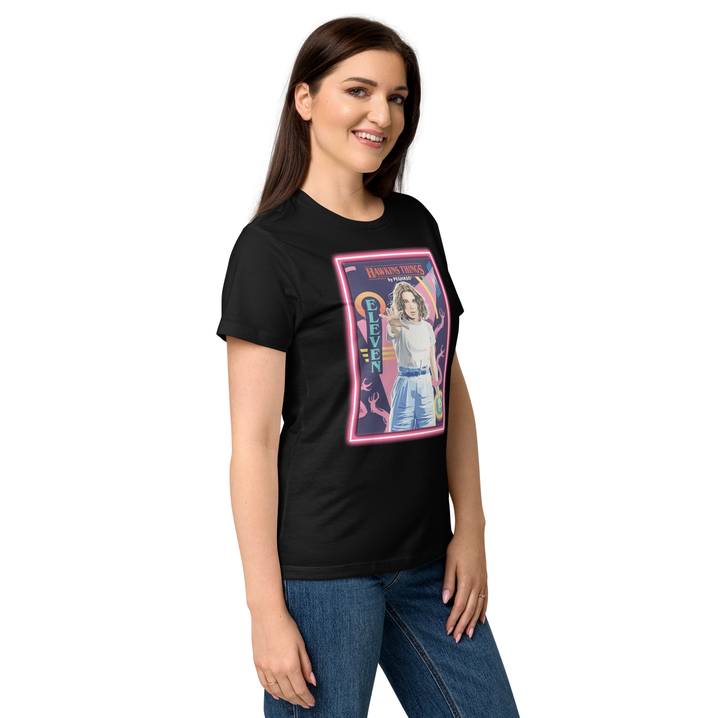 Camiseta Algodon negra 011 - Eleven - ONCE Starcourt Mall de la colección Hawkins Things PEGHASO. Ropa STRANGER THINGS