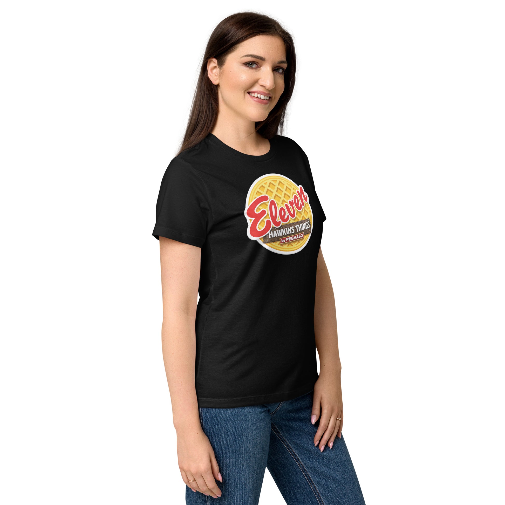 camiseta-eleven-waffle-EGGO-hawkins-Stranger-things-peghaso-negra