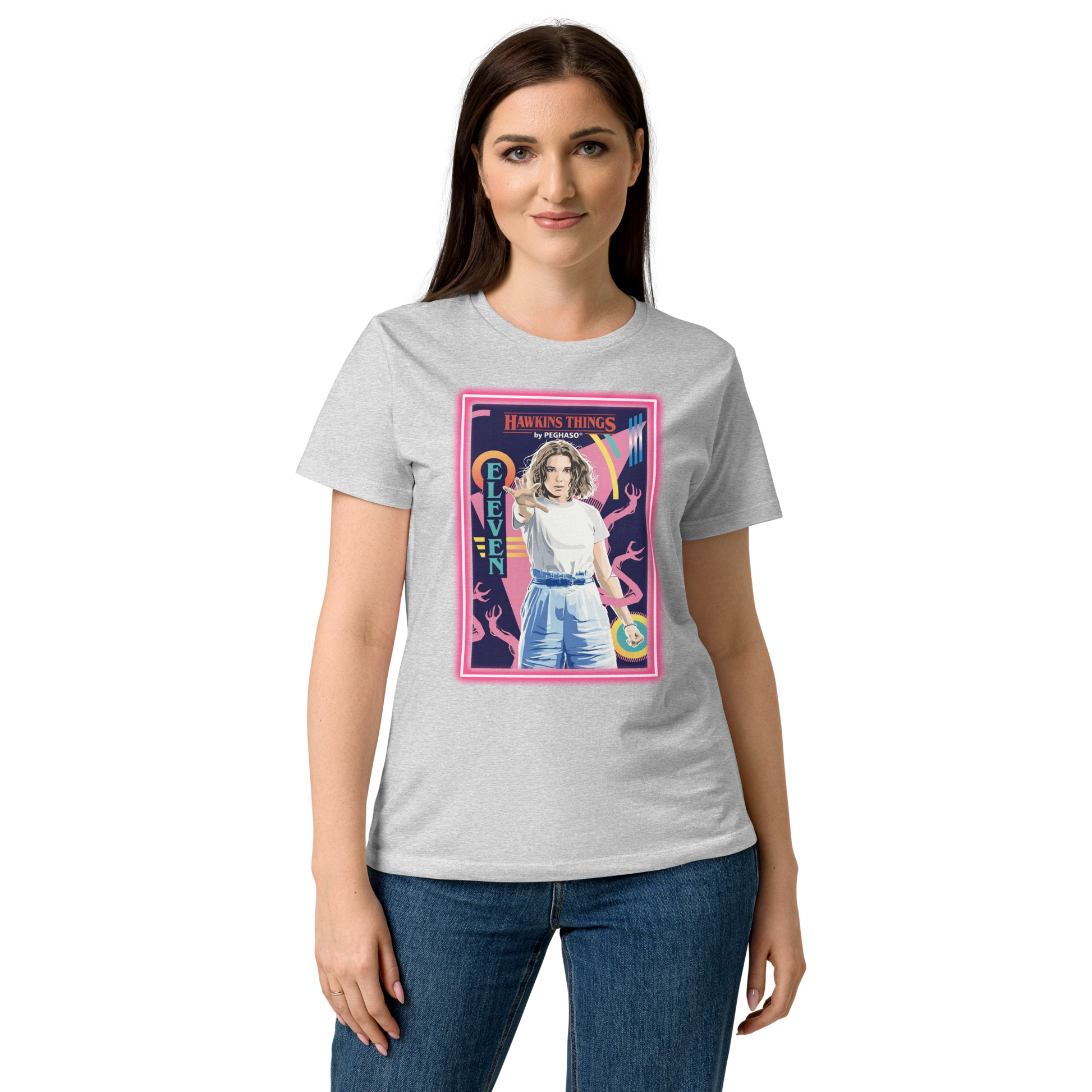 Camiseta Algodon gris 011 - Eleven - ONCE Starcourt Mall de la colección Hawkins Things PEGHASO. Ropa STRANGER THINGS