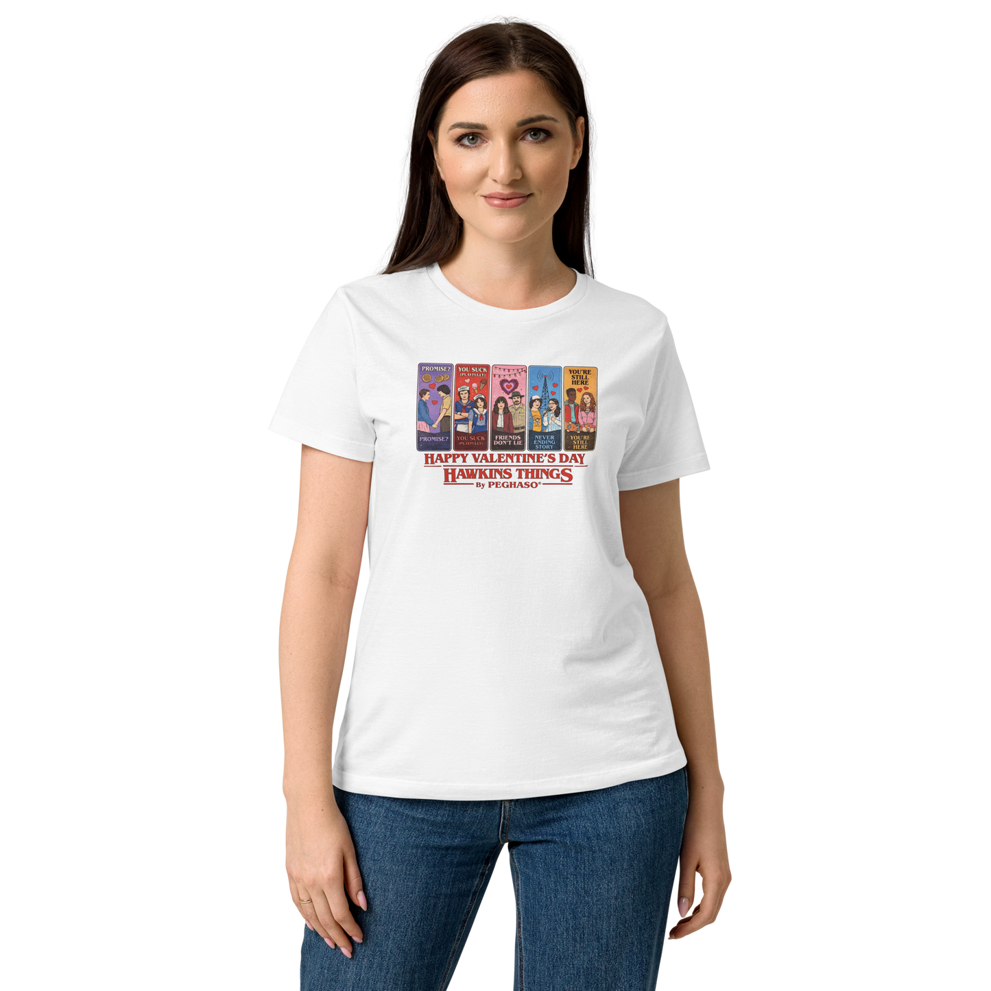 Modelo luciendo la camiseta exclusiva de San Valentín PEGHASO inspirada en Stranger Things.