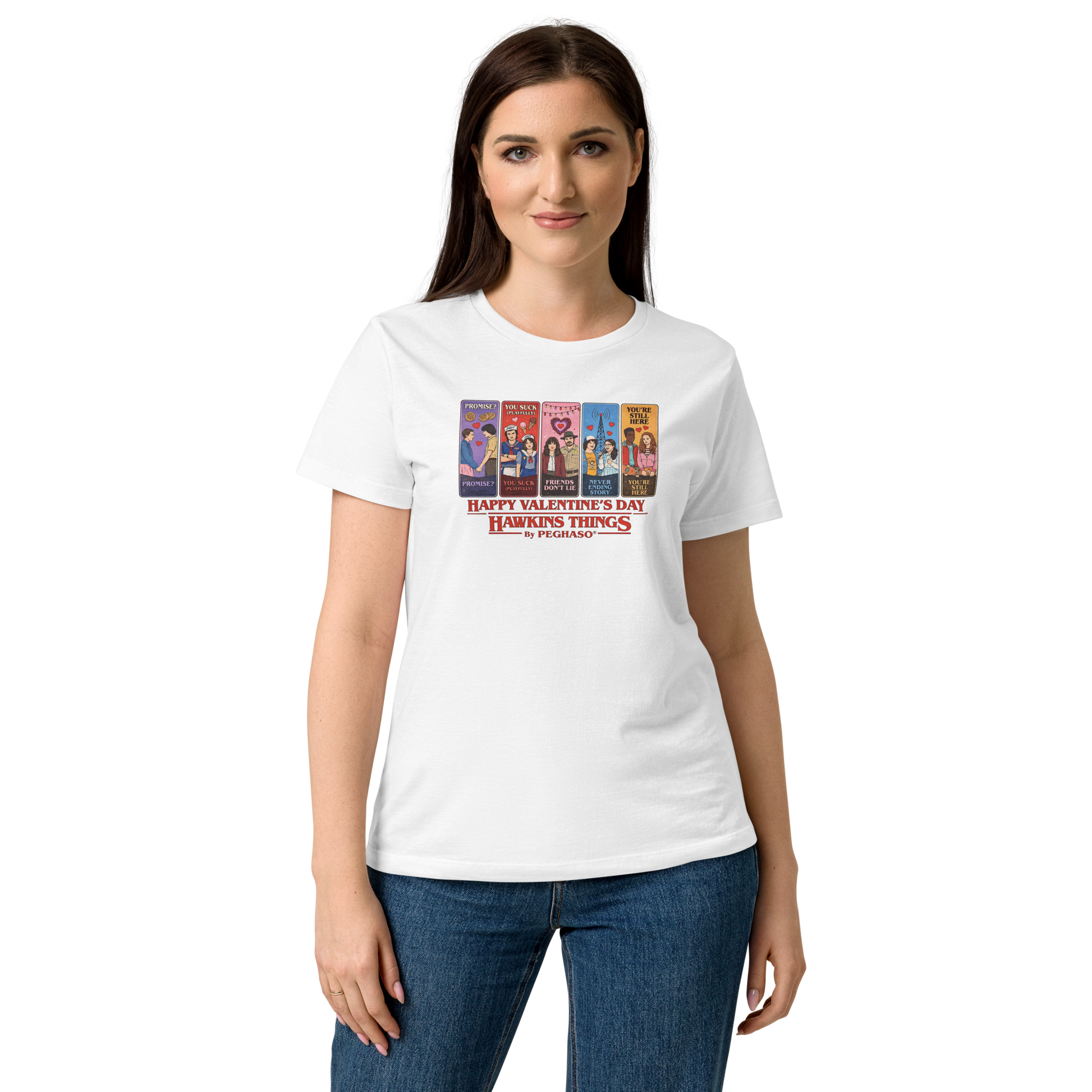 Modelo luciendo la camiseta exclusiva de San Valentín PEGHASO inspirada en Stranger Things.
