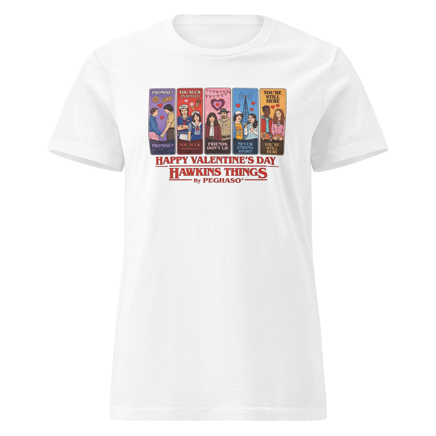 Camiseta mujer blanca San Valentín Hawkins Things PEGHASO con diseño de personajes retro.