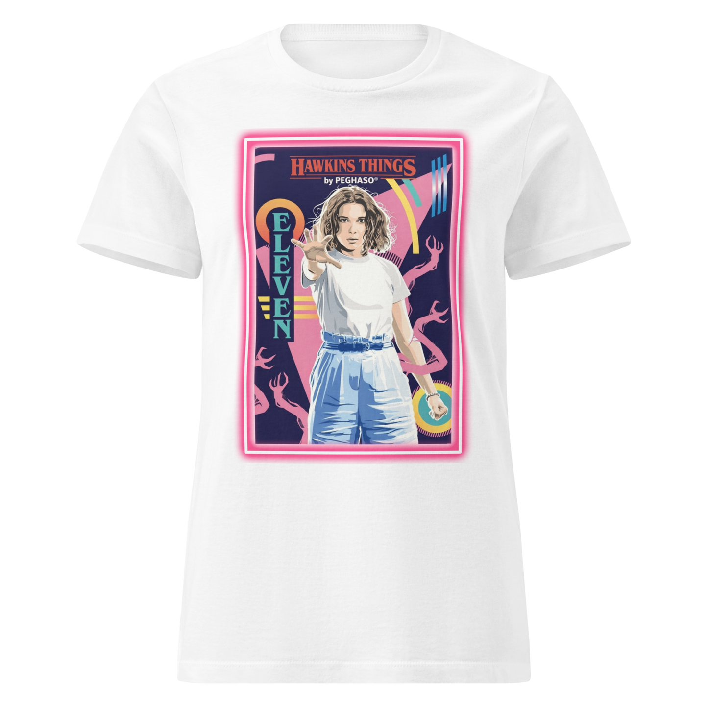 Camiseta Algodon blanca 011 - Eleven - ONCE Starcourt Mall de la colección Hawkins Things PEGHASO. Ropa STRANGER THINGS