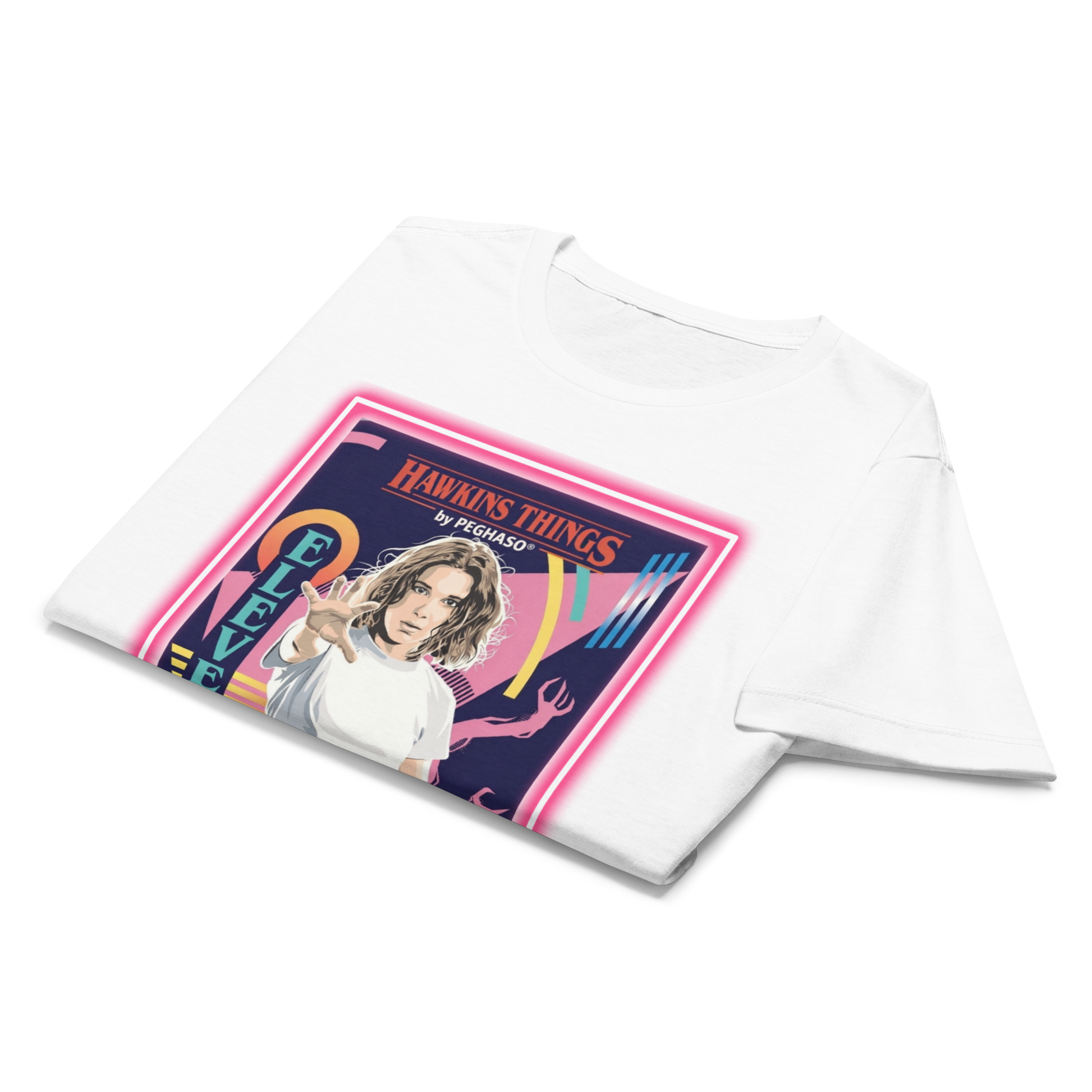 Camiseta blanca 011 - Eleven - ONCE Starcourt Mall de la colección Hawkins Things PEGHASO. Ropa STRANGER THINGS