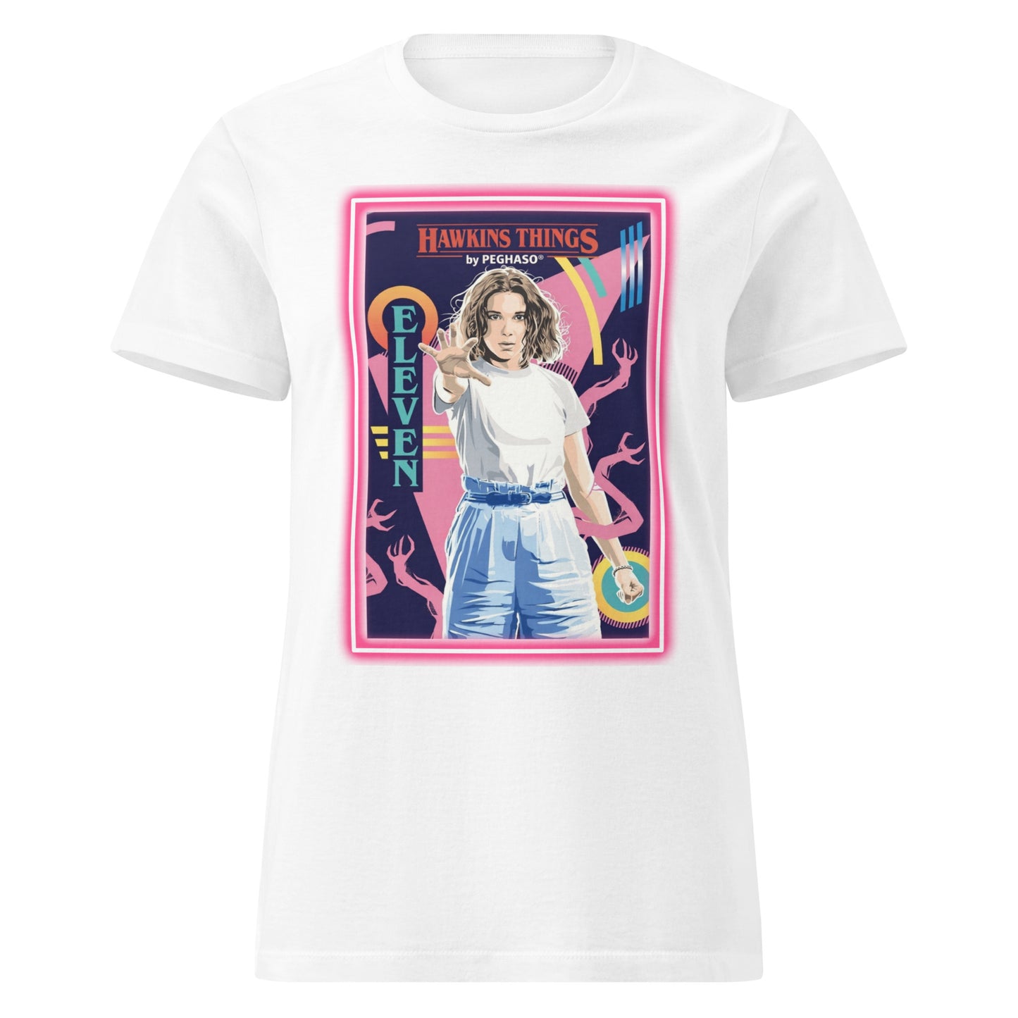 Camiseta blanca 011 - Eleven - ONCE Starcourt Mall de la colección Hawkins Things PEGHASO. Ropa STRANGER THINGS